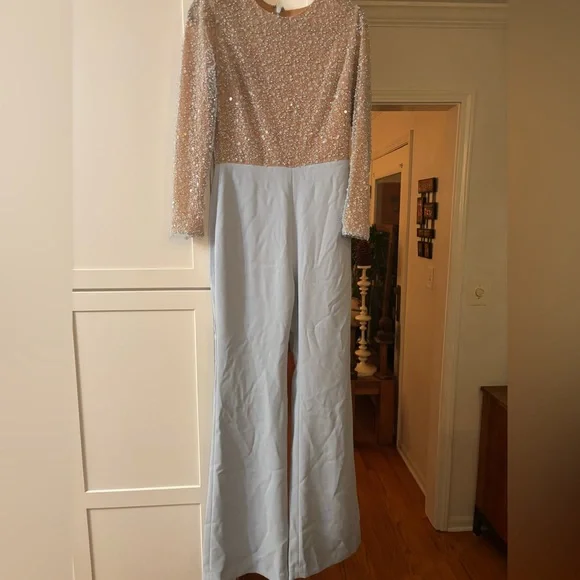 NADINE MERABI Sky Blue Embellished Jumpsuit - Picture 4 of 9